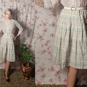 Vintage A line pleated white pastel pink blue thin wool swing skirt - UK 12 - 1940s 1950s style - vintage 80s does 50s pleated check skirt