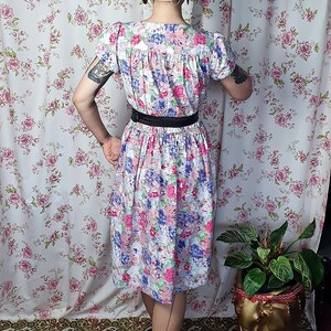 Vintage pastel pink purple romantic shabby floral puffy sleeve swing dress UK 8 12 1940s 1950s style 80s does 40s floral print dress image 7
