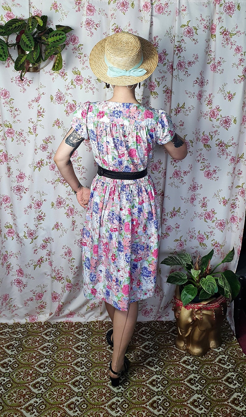 Vintage pastel pink purple romantic shabby floral puffy sleeve swing dress UK 8 12 1940s 1950s style 80s does 40s floral print dress image 7