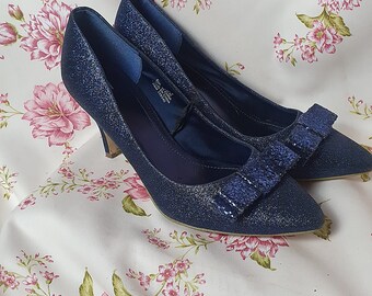 Blue Glitter Quirky Kitten Bow Pointy 30 Style Pumps - UK6
