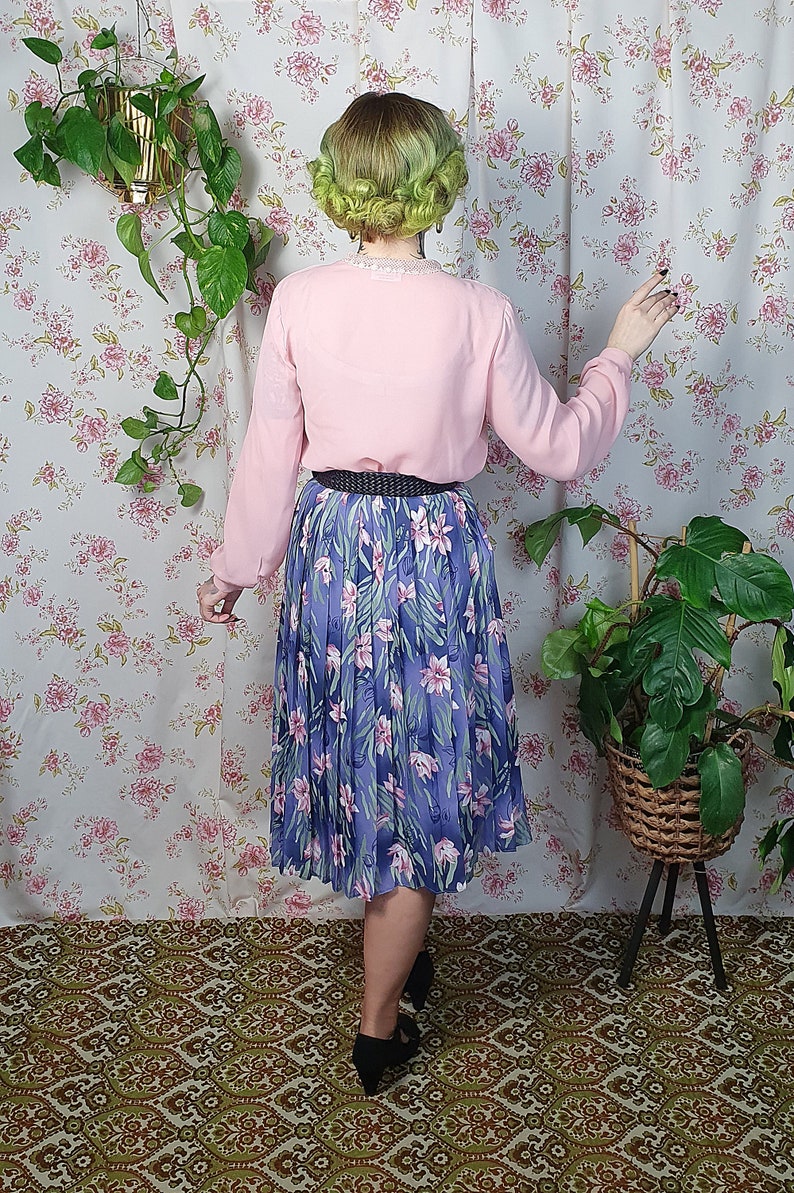 Vintage A line pleated floral blue purple pink green romantic swing skirt UK 8-10 1940s 1950s style 80s does 50s cottagecore skirt image 7