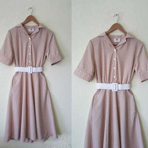 Beige polka dot vintage dress - 1980s does 1950s dress - 1950s pola-dot dress - size UK10/12