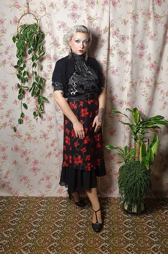 Vintage black red floral print a line midi skirt … - image 2