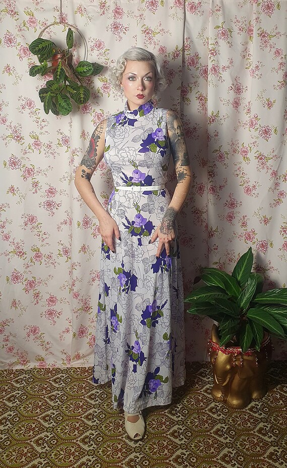 Vintage white purple green floral print maxi slin… - image 5