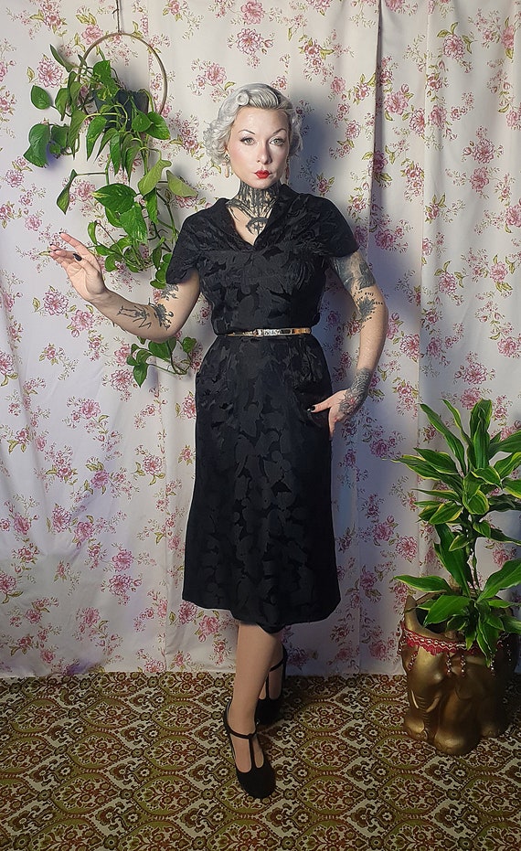 AS IS Vintage mid century black floral jacquard w… - image 5