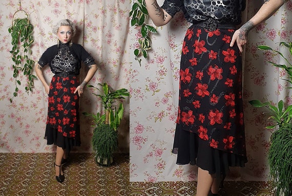 Vintage black red floral print a line midi skirt … - image 1