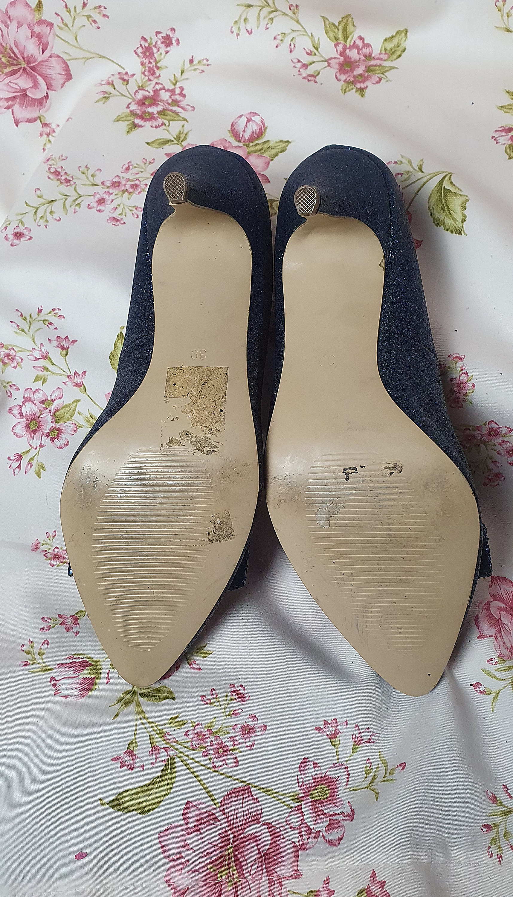 Blue Glitter Quirky Kitten Bow Pointy 30 Style Pumps - UK6