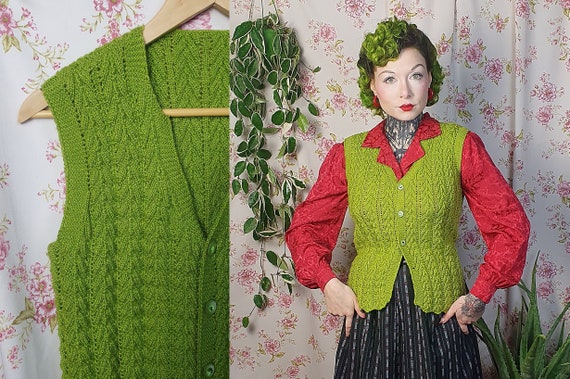 Vintage Chartreuse Green Knit Openwork Vest Sleeveless Jumper UK10 12 30s 40s Style 80s Does 50s Jumper Vintage Knit Etsy