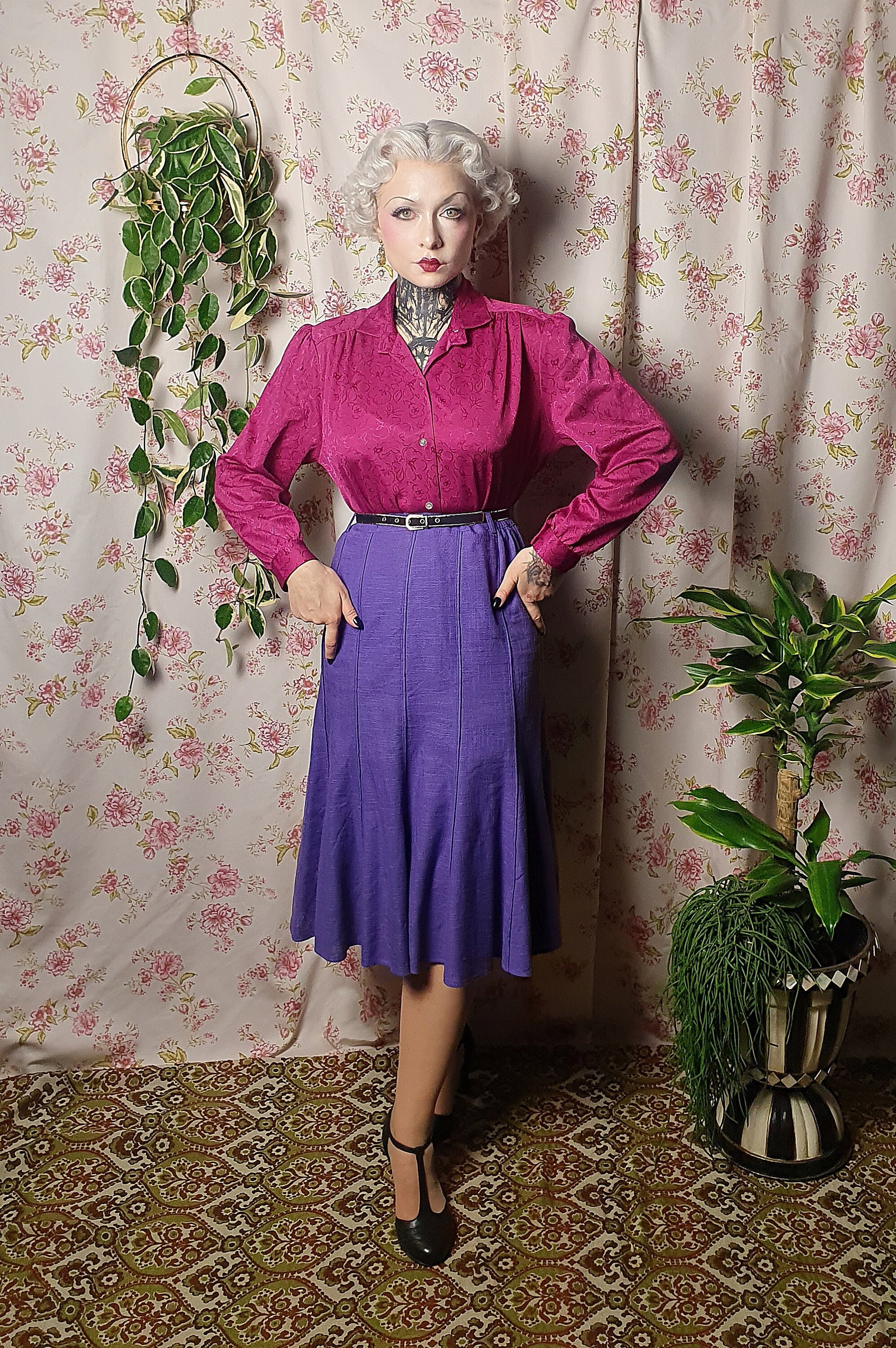 Vintage Deep Fuchsia Bishop Sleeve Longsleeve Abstract Print