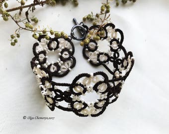 Tatting bracelet, Chocolate bracelet, Chocolate wedding, Lace bracelet, tatting bracelet, tatted bracelet, tatted jewelry, Beige lace