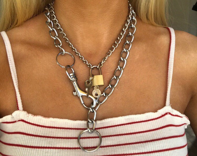 set Super chunky silver chain and chunky plain padlock chain necklace