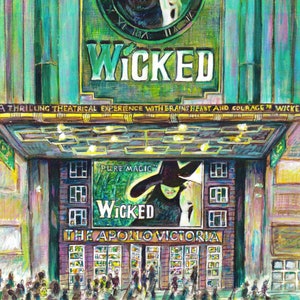 A4 unframed art print depicting the frontage of Wicked the musical, London