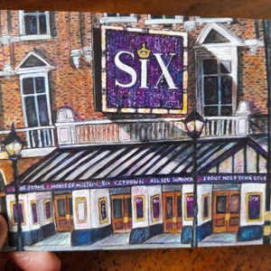 A6 Greetings card with artwork depicting Six the Musical theatre exterior