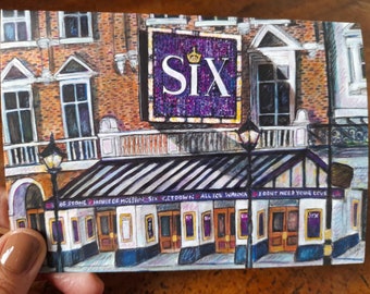 A6 Grußkarte mit Grafik, die Six the Musical theater darstellt