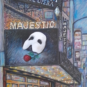 Tarjeta de felicitación A6 con ilustraciones que representan el exterior del teatro El Fantasma de la Ópera de Broadway