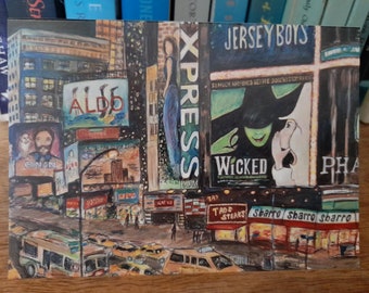 A6 Greetings card depicting the lights of Broadway and various theatre signage