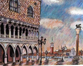 May include: A colorful pastel drawing of Venice, Italy, featuring the Doge's Palace with its patterned facade and arched colonnade. The artwork depicts the cityscape with a prominent bell tower, a column with a lion statue, and a cloudy sky.