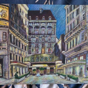 Tarjeta de felicitación tamaño A6 con ilustraciones del Hotel Savoy