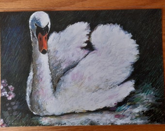 Impresión de arte sin enmarcar A4 titulada 'El cisne iluminado por la luna'