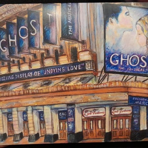 A6-wenskaart met de theaterbuitenkant van Ghost the musical
