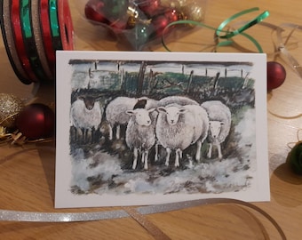 A6 Greetings card with sheep in a snowy field artwork