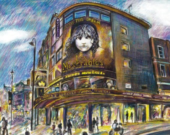 Printable artwork of the Les Miserables theatre frontage, London