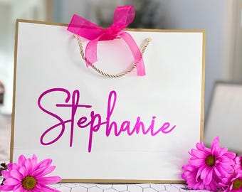 Borsa regalo personalizzata per damigelle d'onore: lamina fucsia scintillante, nastro rosa shocking