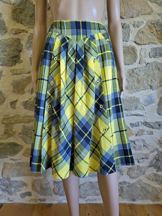 80s Plaid Skirt, Yellow and Blue Check Skirt With Shaped Waistband