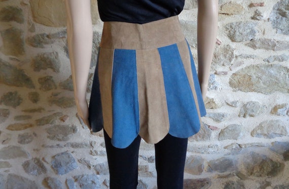 Scallop blue and beige suede leather mini skirt, 6