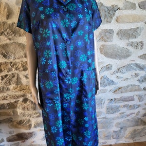 Blue nylon house dress, unworn vintage French work dress with pockets, 2 available size 42 48