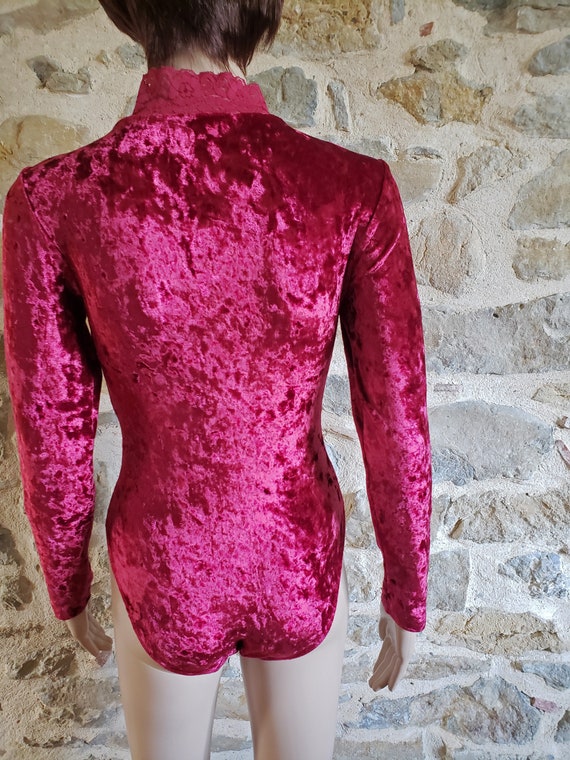 Red crushed velvet bodysuit, high leg onesie with… - image 9