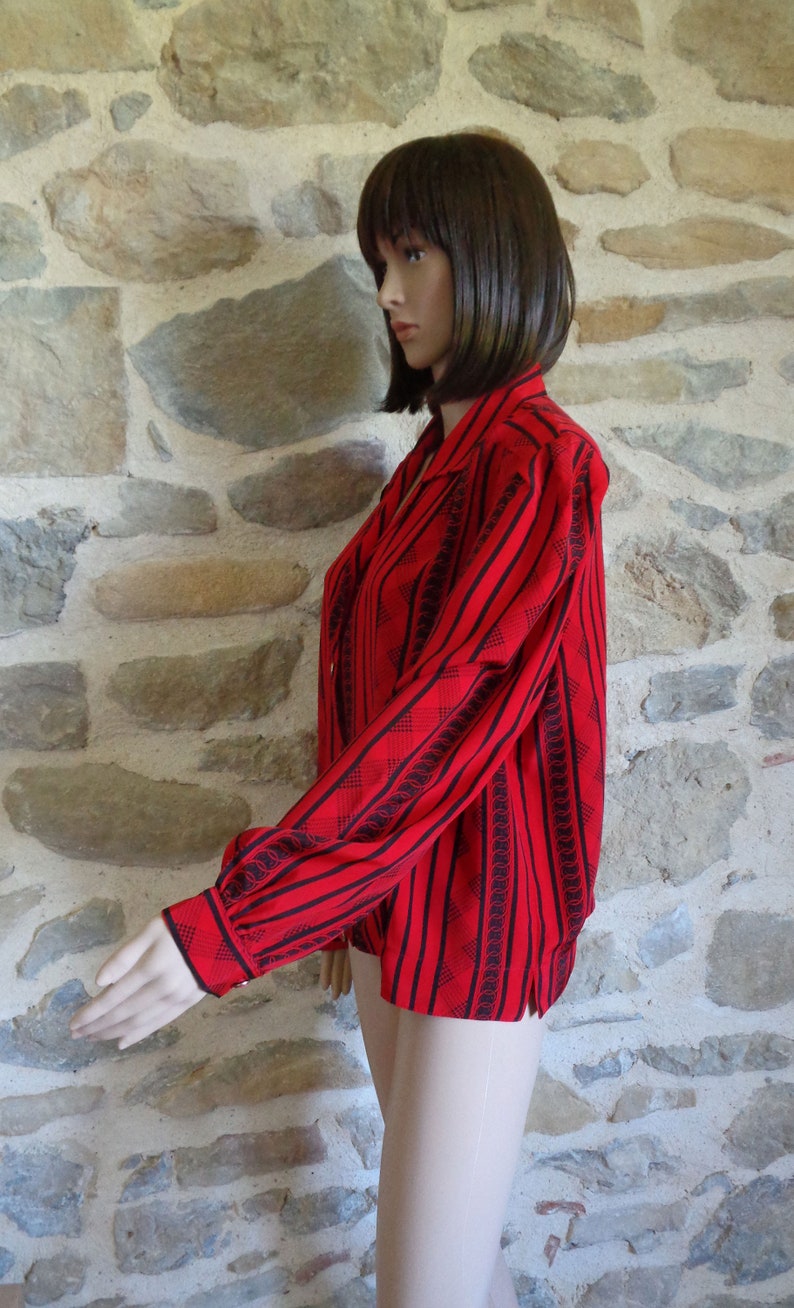 80s red blouse with black striped pattern size 2 medium