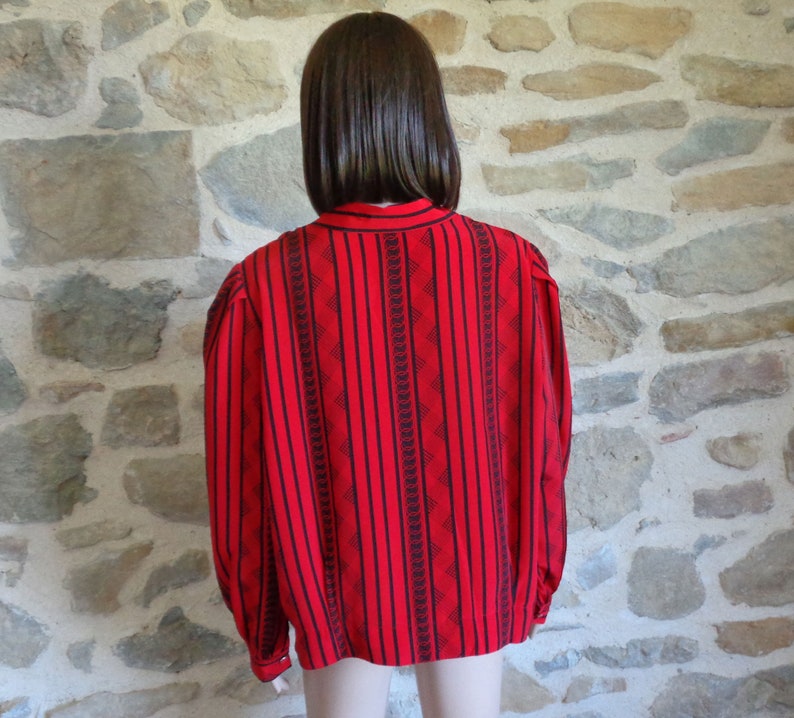 80s red blouse with black striped pattern size 2 medium