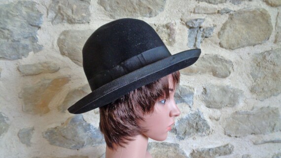 Black bowler hat, antique French wool felt mens de