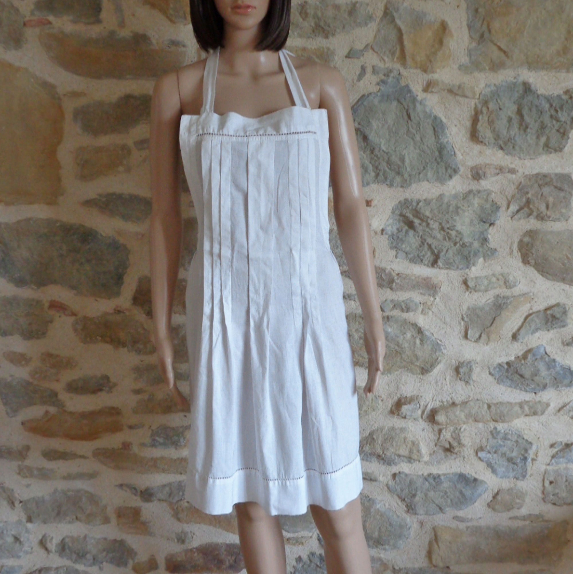 Français Tablier de Bonne, Bavoir en Coton Blanc Vintage Pinny avec Tucks