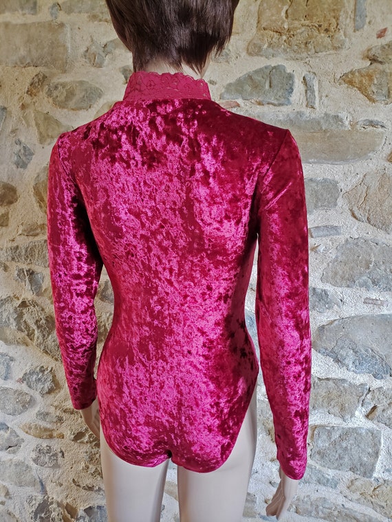 Red crushed velvet bodysuit, high leg onesie with… - image 10