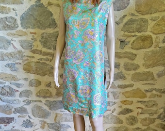 Short floral shift dress, 1960s aqua green flowery dress