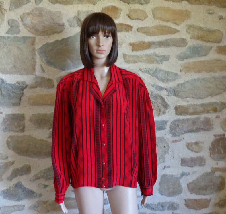 80s red blouse with black striped pattern size 2 medium
