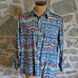 Men&#39;s silk shirt, 1980s graphic print shirt, size L, UK 16.5 collar