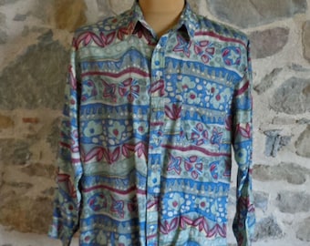 Men's silk shirt, 1980s graphic print shirt, size L, UK 16.5 collar