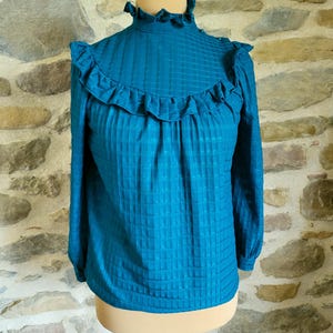 80s pull on blouse, teal blouse with frill yoke and high frill collar