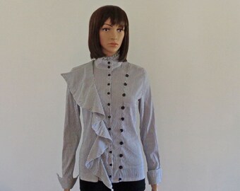 80s black and white striped blouse with waterfall frill