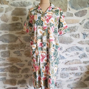 French floral house dress, vintage button front work dress with pockets, 46 inch bust