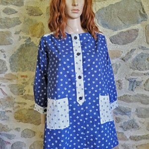 Blue and white floral house dress, vintage French work tunic top with pockets
