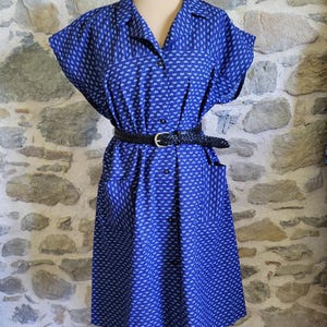 Blue house dress, vintage French work dress with pockets, NOS in original package, size FR 60