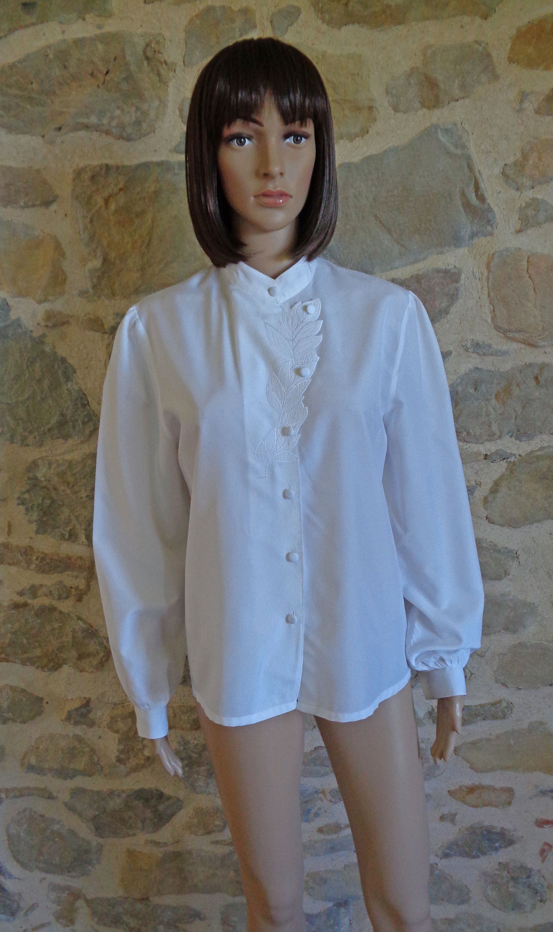 80s white asymmetric fastening blouse with embroidered leaf | Etsy