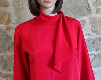 80s red blouse with scarf style neck, silky secretary's shirt, size FR38, UK10, US6