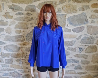 Blusa setosa blu elettrico anni '80, camicetta da segretaria Windsmoor con spalline