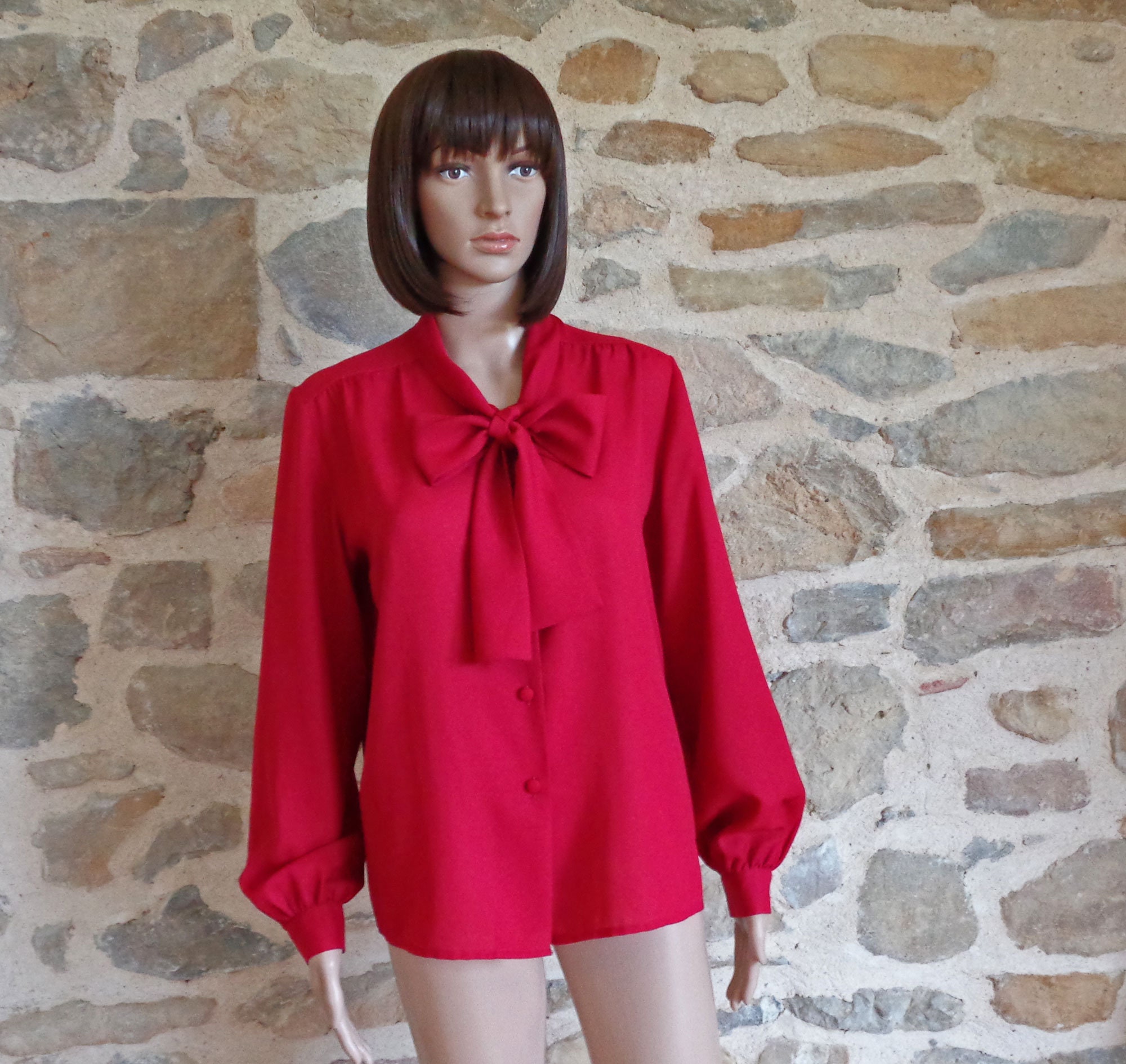 80s red blouse with pussy bow neck ties Trevira shirt size M | Etsy