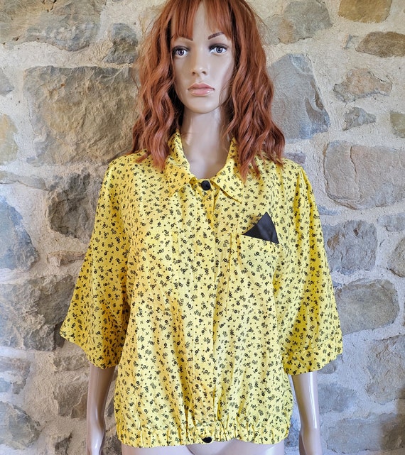 80s oversize yellow blouse with ditsy black floral